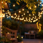 A photograph of a beautifully illuminated patio featuring a variety of light strings