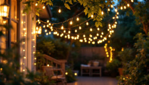 A photograph of a beautifully illuminated patio featuring a variety of light strings