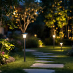 A photograph of a beautifully lit outdoor space showcasing motion detector led lights in action