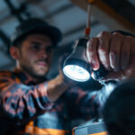 A photograph of a professional lighting contractor installing led replacement lights in a modern can light fixture