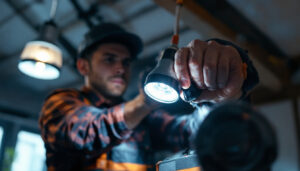 A photograph of a professional lighting contractor installing led replacement lights in a modern can light fixture