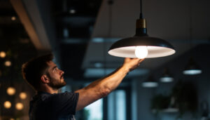 A photograph of a stylish led hanging lamp in a modern setting