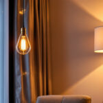 A photograph of a beautifully styled interior showcasing a modern chandelier and a contemporary lamp