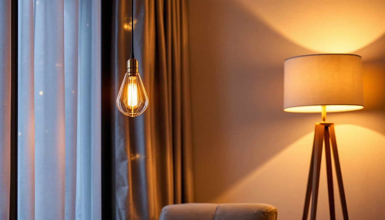 A photograph of a beautifully styled interior showcasing a modern chandelier and a contemporary lamp
