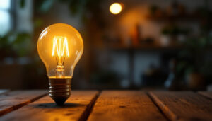 A photograph of a 15-watt type b bulb illuminated in a cozy