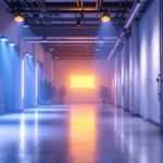 A photograph of a well-lit indoor or outdoor space showcasing various lighting installations