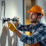 A photograph of a lighting contractor skillfully working with outlet wiring in a well-lit