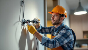 A photograph of a lighting contractor skillfully working with outlet wiring in a well-lit