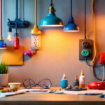 A photograph of a well-lit workspace featuring a variety of colorful electrical outlets and lighting fixtures