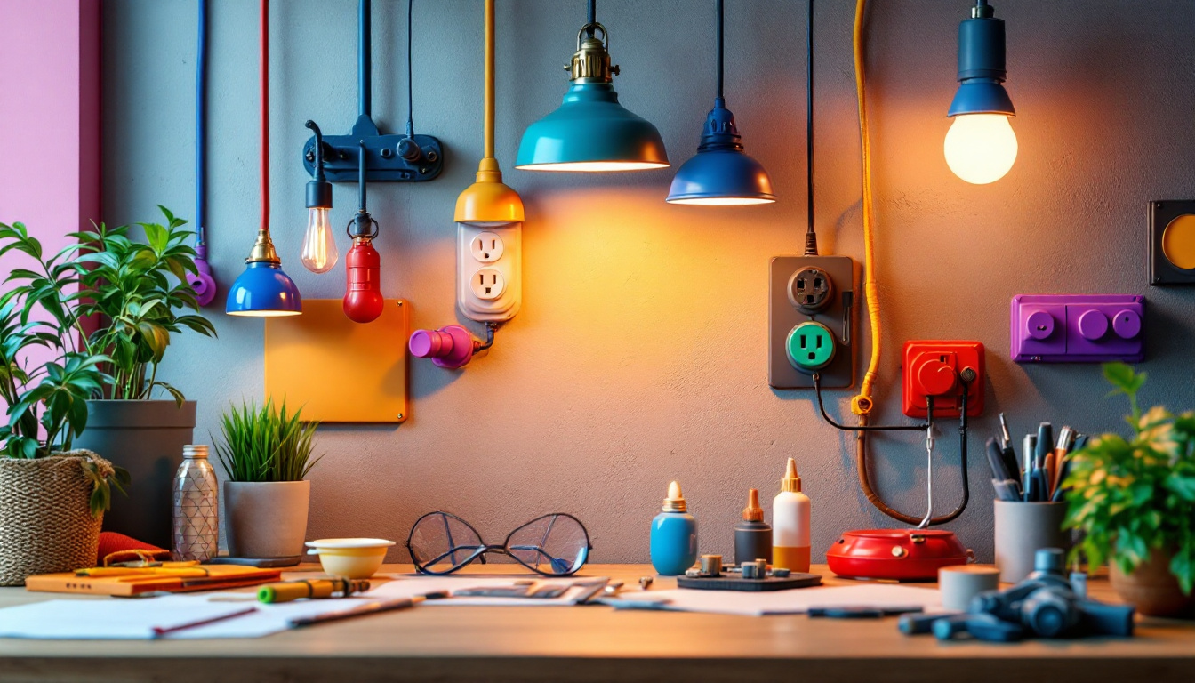 A photograph of a well-lit workspace featuring a variety of colorful electrical outlets and lighting fixtures