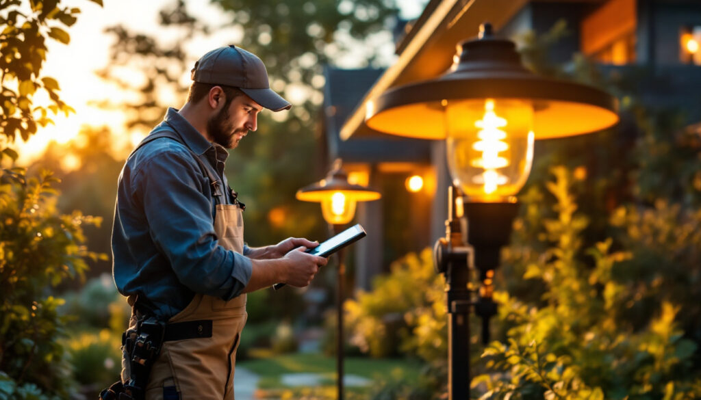 A photograph of a skilled lighting contractor installing stylish outdoor lighting fixtures in a beautifully landscaped garden during the golden hour