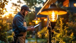 A photograph of a skilled lighting contractor installing stylish outdoor lighting fixtures in a beautifully landscaped garden during the golden hour