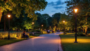 A photograph of a beautifully illuminated park at dusk