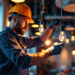 A photograph of a dynamic lighting contractor at work