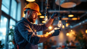 A photograph of a dynamic lighting contractor at work
