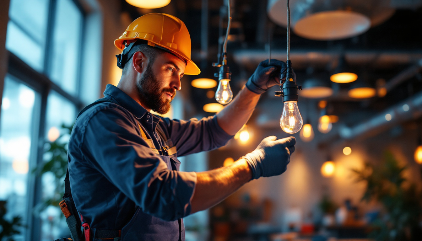 A photograph of a dynamic lighting contractor at work