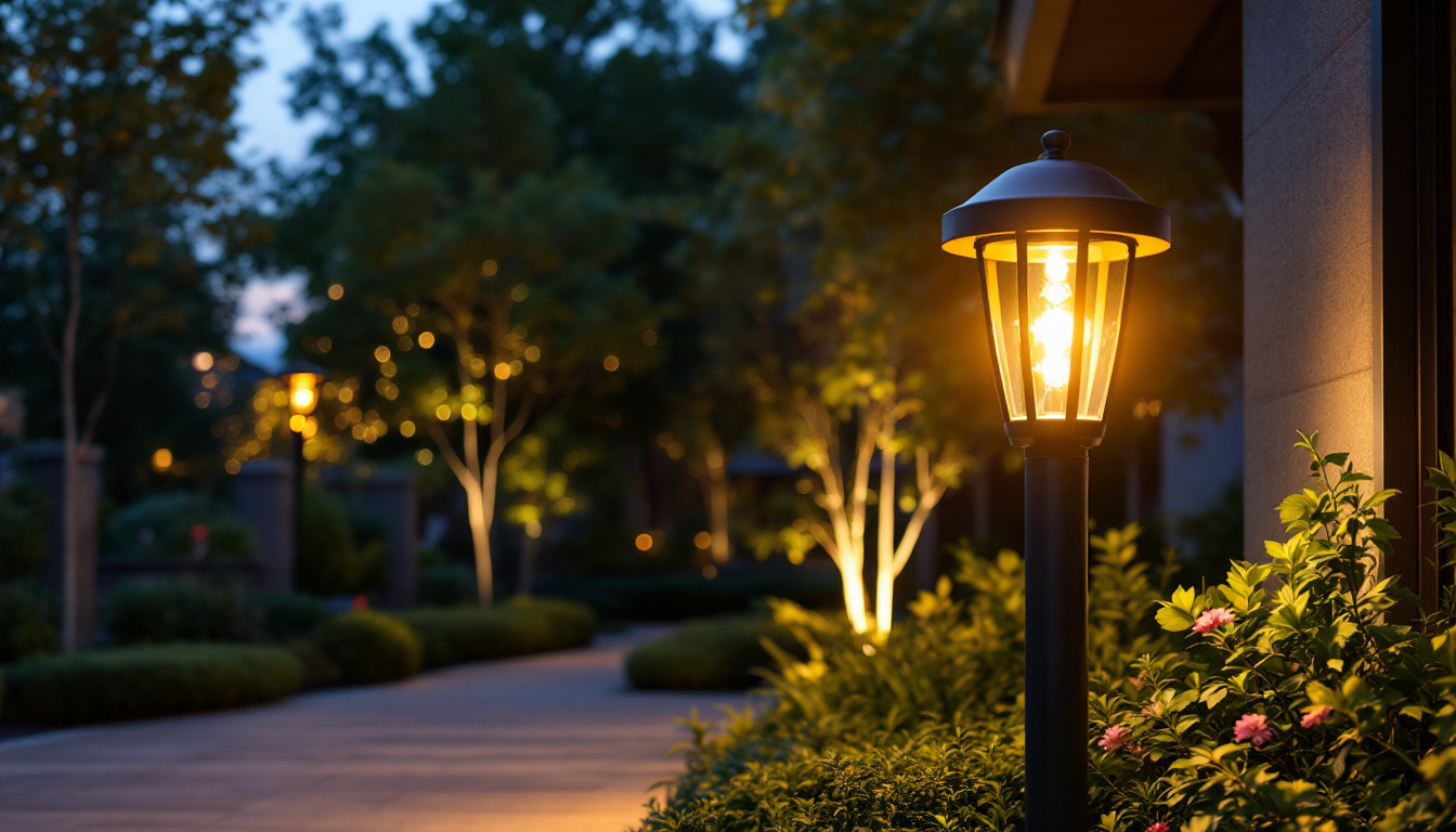 A photograph of a stylish heavy-duty outdoor lamp post illuminated at dusk