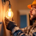 A photograph of a lighting contractor inspecting a 120-volt light bulb installation in a residential setting
