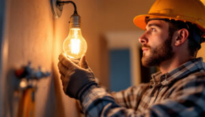 A photograph of a lighting contractor inspecting a 120-volt light bulb installation in a residential setting