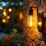 A photograph of a stylish outdoor lamp socket installed in a beautifully lit garden setting