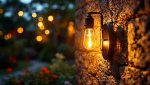 A photograph of a stylish outdoor lamp socket installed in a beautifully lit garden setting