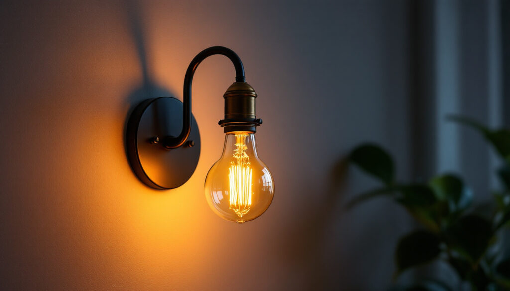 A photograph of a stylishly designed 60-watt incandescent wall lamp illuminating a cozy