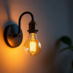 A photograph of a stylishly designed 60-watt incandescent wall lamp illuminating a cozy