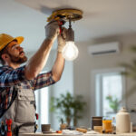 A photograph of a skilled lighting contractor installing a light fixture bracket in a stylish interior setting