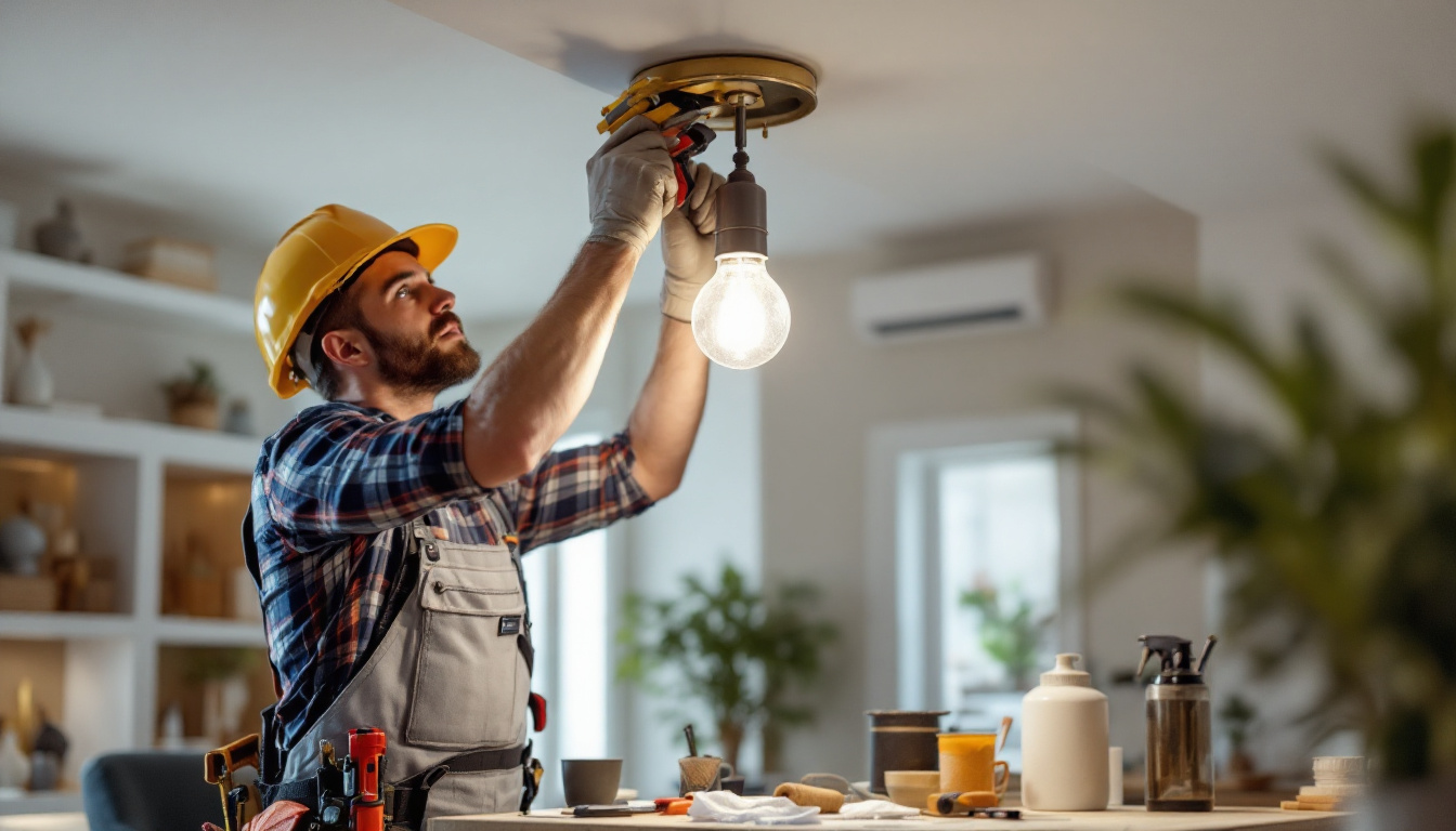 A photograph of a skilled lighting contractor installing a light fixture bracket in a stylish interior setting