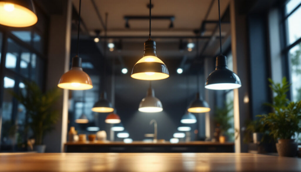 A photograph of a well-lit commercial space showcasing various led lighting fixtures in use
