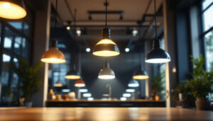 A photograph of a well-lit commercial space showcasing various led lighting fixtures in use