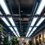 A photograph of a well-lit commercial space featuring 4-foot fluorescent lighting installations