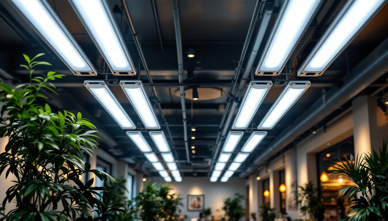 A photograph of a well-lit commercial space featuring 4-foot fluorescent lighting installations