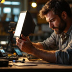 A photograph of a lighting contractor expertly adjusting a photo sensor in a well-lit environment