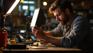 A photograph of a lighting contractor expertly adjusting a photo sensor in a well-lit environment