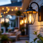 A photograph of a beautifully designed front porch light fixture in an inviting outdoor setting
