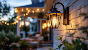 A photograph of a beautifully designed front porch light fixture in an inviting outdoor setting