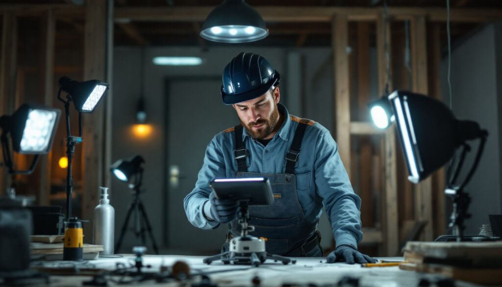 A photograph of a lighting contractor in action