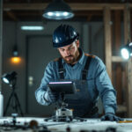 A photograph of a lighting contractor in action