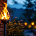 A photograph of a beautifully illuminated solar flame light installed in a serene outdoor setting