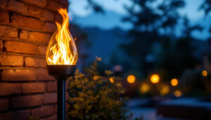 A photograph of a beautifully illuminated solar flame light installed in a serene outdoor setting