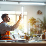 A photograph of a well-lit workspace featuring a professional lighting contractor installing or inspecting 4ft led tube lights