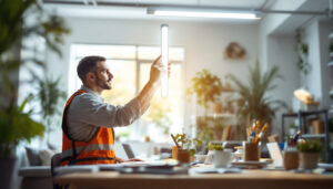 A photograph of a well-lit workspace featuring a professional lighting contractor installing or inspecting 4ft led tube lights