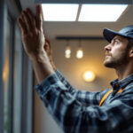 A photograph of a lighting contractor installing flat led lights in a modern interior space