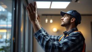 A photograph of a lighting contractor installing flat led lights in a modern interior space
