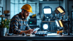 A photograph of a lighting contractor examining a variety of cob led lights in a well-lit workspace