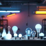 A photograph of a well-lit workspace featuring various types of fluorescent bulbs displayed alongside related lighting fixtures