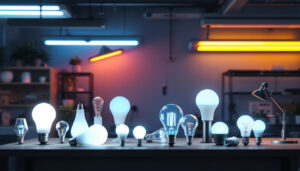 A photograph of a well-lit workspace featuring various types of fluorescent bulbs displayed alongside related lighting fixtures