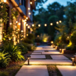 A photograph of a beautifully illuminated outdoor space featuring motion-sensor lights in action