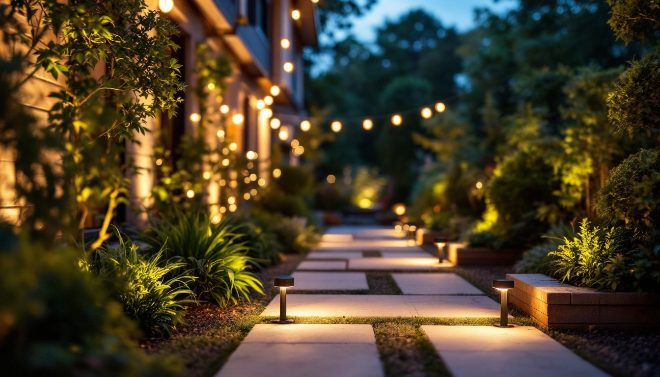 A photograph of a beautifully illuminated outdoor space featuring motion-sensor lights in action